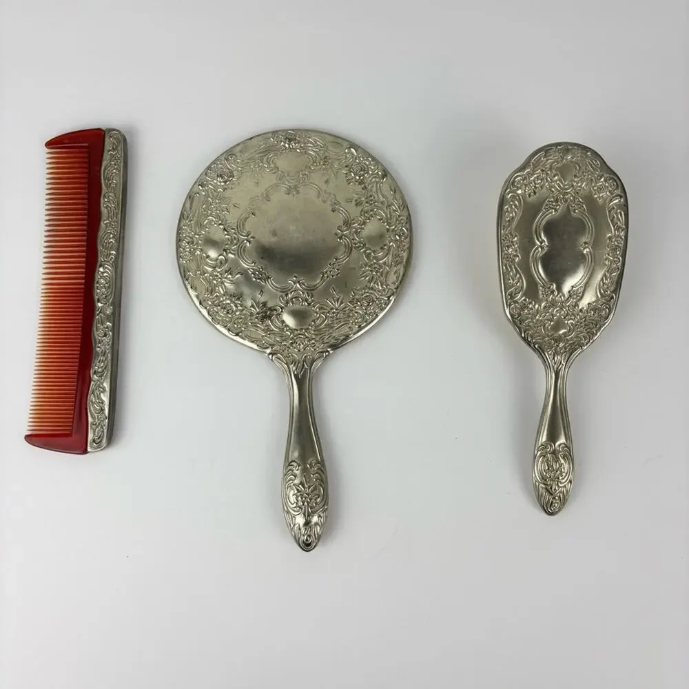 Vintage Silver Plated Brush, Comb, & Hand Mirror Dresser Set